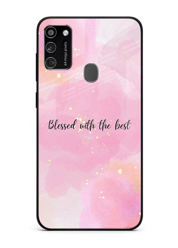Pink watercolor gratitude design featured on Samsung M30s glass back cover with soft glow.