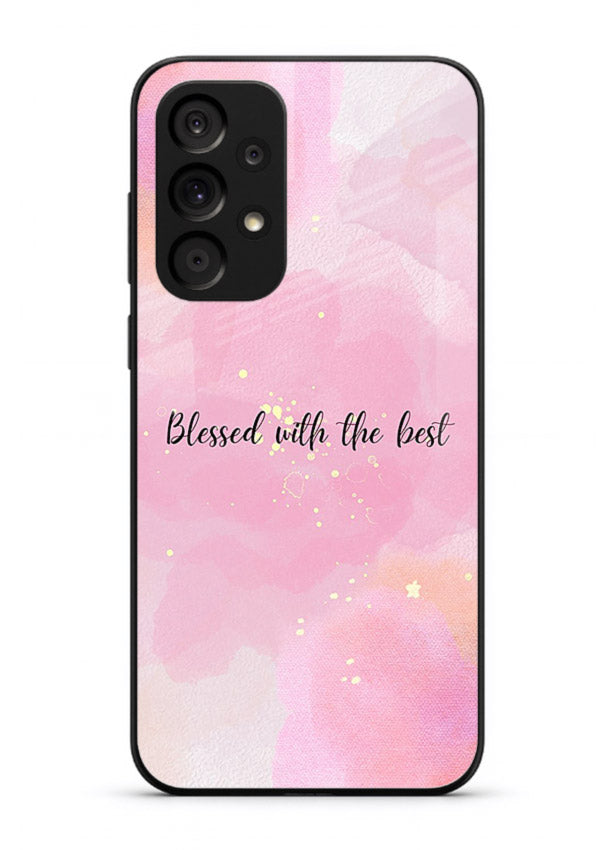 Pink watercolor gratitude design featured on Samsung M32 5G glass back cover with soft glow.