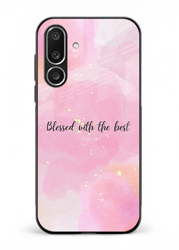 Pink watercolor gratitude design featured on Samsung M56 5G glass back cover with soft glow.