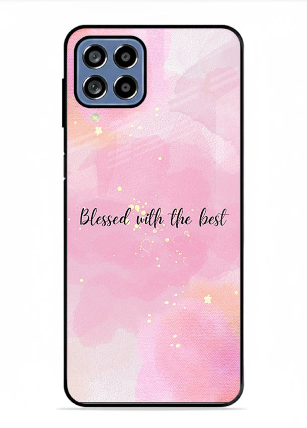 Pink watercolor gratitude design featured on Samsung F12 5G glass back cover with soft glow.