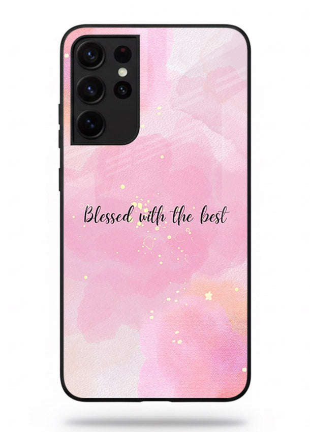 Pink watercolor gratitude design featured on Samsung S21 Ultra glass back cover with soft glow.