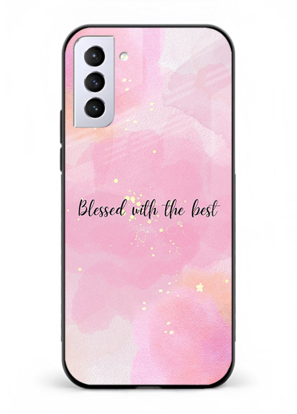 Pink watercolor gratitude design featured on Samsung S21 Plus glass back cover with soft glow.