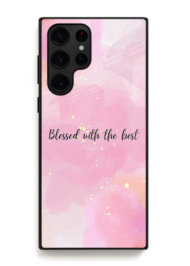 Pink watercolor gratitude design featured on Samsung S25 Ultra glass back cover with soft glow.