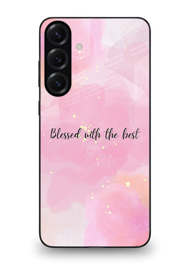 Pink watercolor gratitude design featured on Samsung S23 FE glass back cover with soft glow.