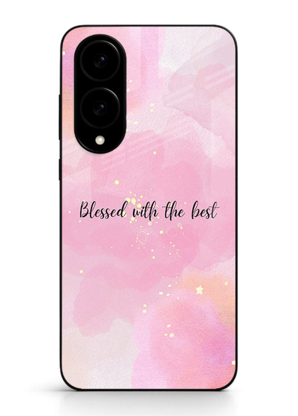 Pink watercolor gratitude design featured on Samsung S25 Edge glass back cover with soft glow.