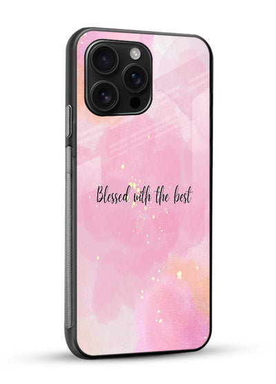 Pink watercolor gratitude design featured on glossy vibrant premium glass back cover with soft glow. - Angle Side