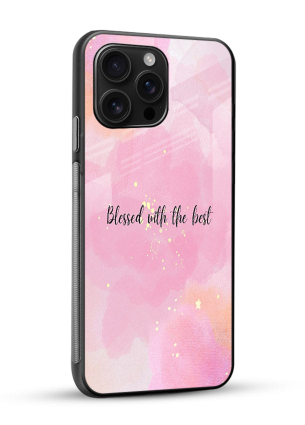 Pink watercolor gratitude design featured on glossy vibrant premium glass back cover with soft glow. - Angle Side