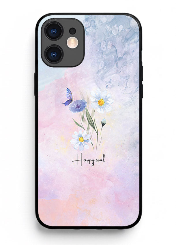 Minimal floral illustration printed on iphone 12 mini glass back cover with soft tones.