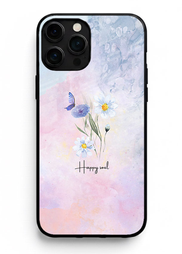 Minimal floral illustration printed on iphone 15 pro max glass back cover with soft tones.