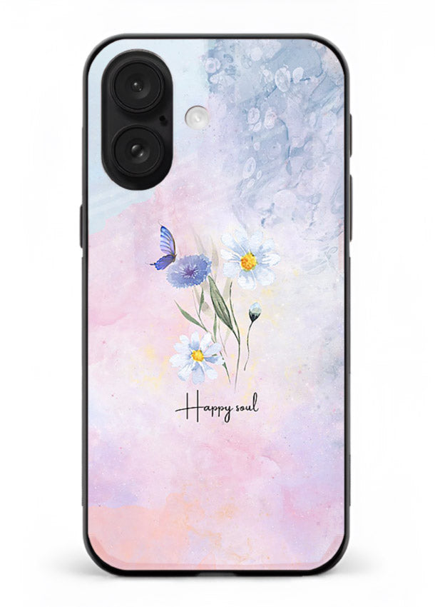 Minimal floral illustration printed on iphone 18 glass back cover with soft tones.