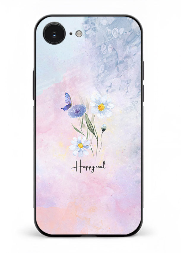 Minimal floral illustration printed on iphone 16e glass back cover with soft tones.