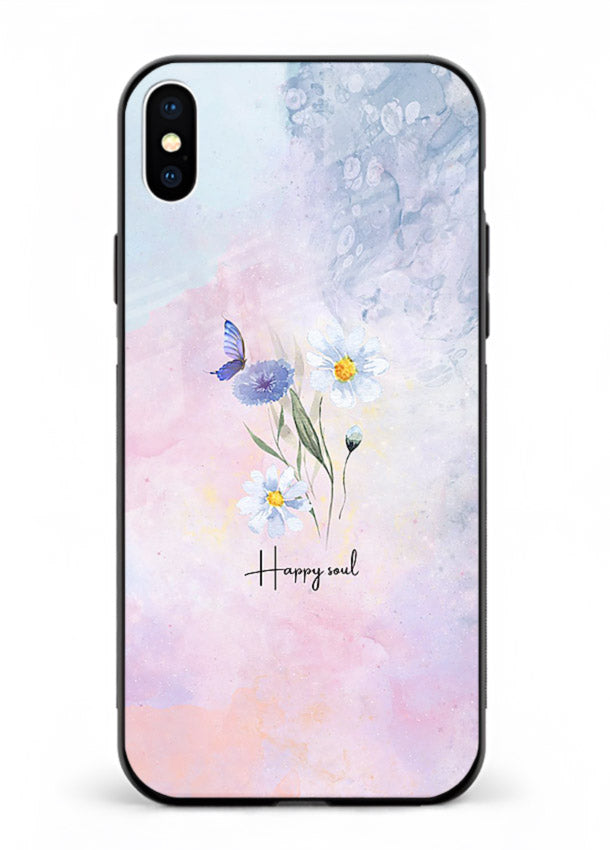Minimal floral illustration printed on iphone xs max glass back cover with soft tones.