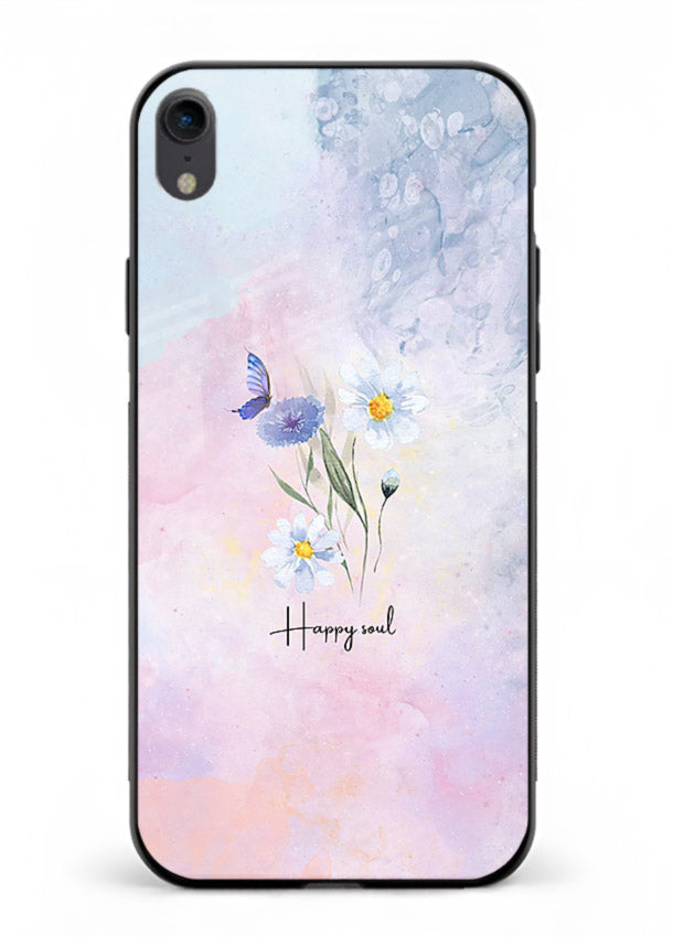 Minimal floral illustration printed on iphone xr glass back cover with soft tones.