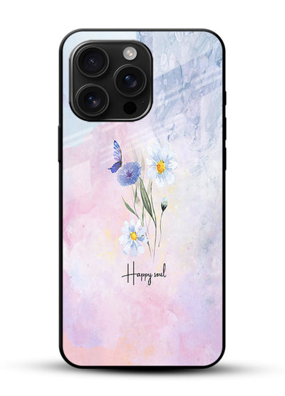 Minimal floral illustration printed on glossy vibrant premium glass back cover with soft tones. - Angle Front