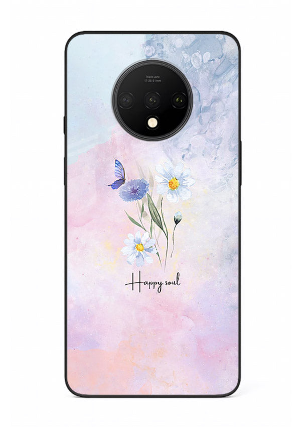 Minimal floral illustration printed on OnePlus 7T glass back cover with soft tones.