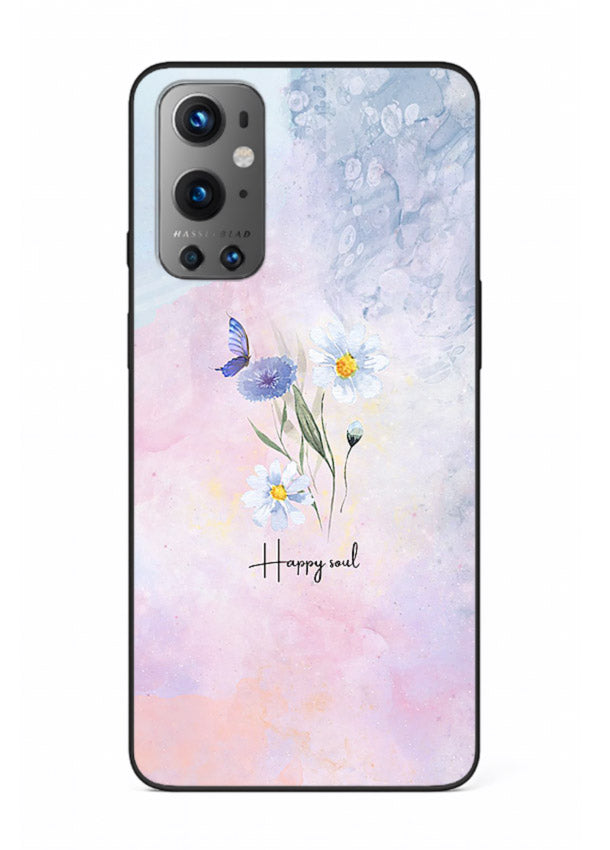 Minimal floral illustration printed on OnePlus 9 glass back cover with soft tones.