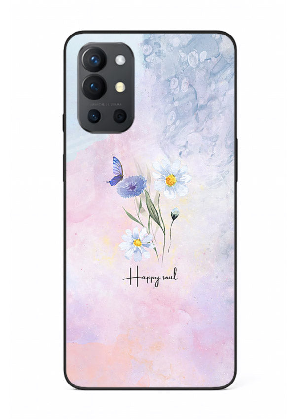 Minimal floral illustration printed on OnePlus 9R glass back cover with soft tones.
