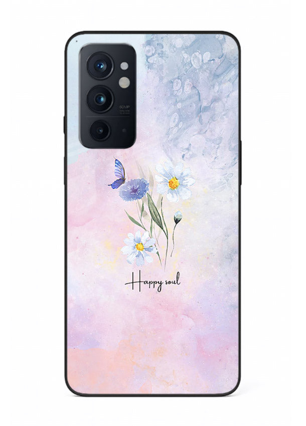 Minimal floral illustration printed on OnePlus 9RT glass back cover with soft tones.