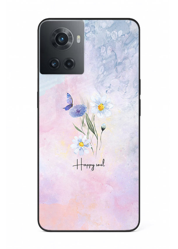 Minimal floral illustration printed on OnePlus 10R glass back cover with soft tones.