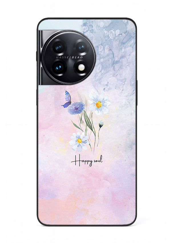 Minimal floral illustration printed on OnePlus 11 glass back cover with soft tones.