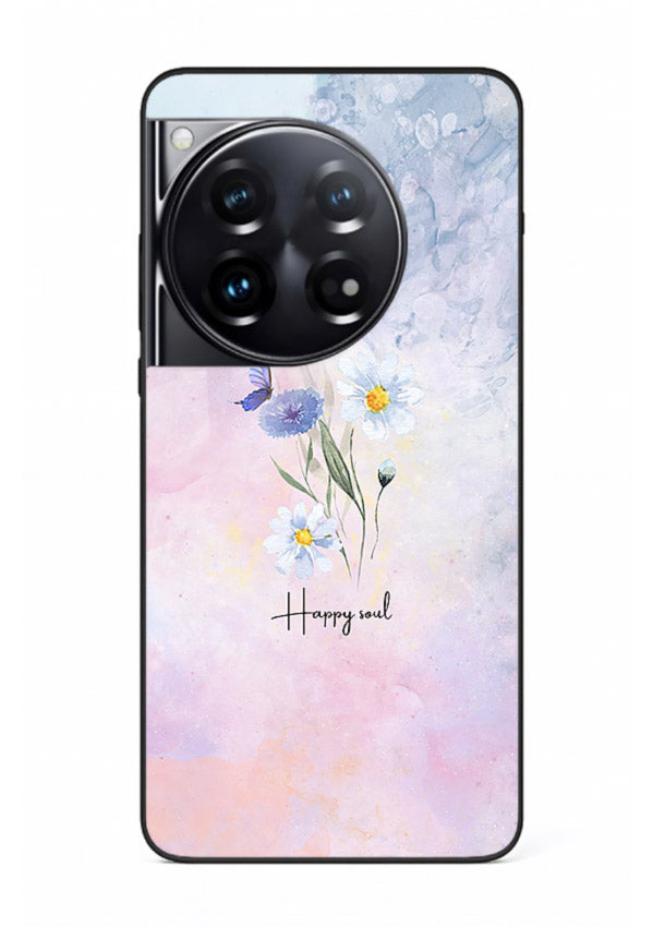 Minimal floral illustration printed on OnePlus 12 glass back cover with soft tones.