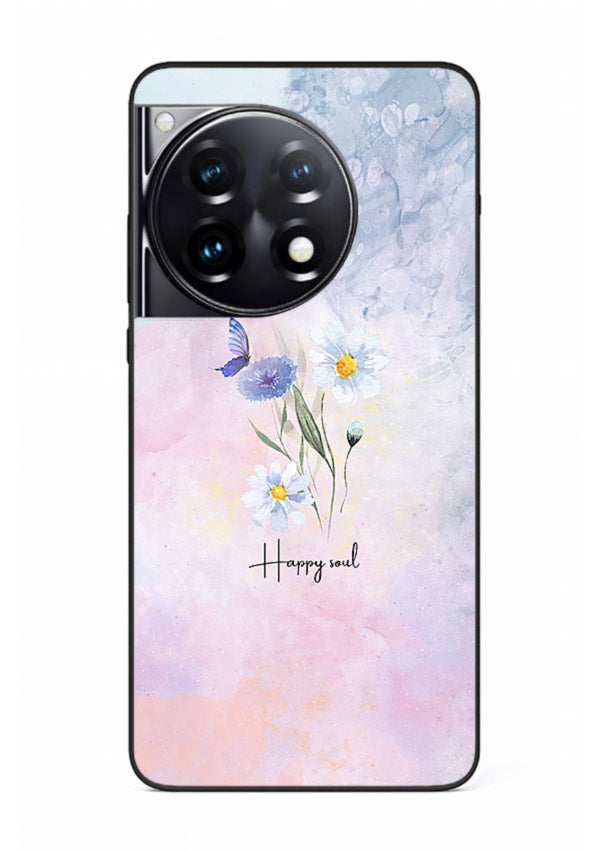 Minimal floral illustration printed on OnePlus 12R glass back cover with soft tones.