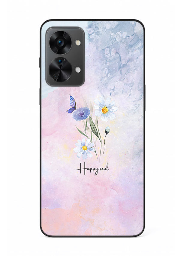 Minimal floral illustration printed on OnePlus Nord 2T glass back cover with soft tones.