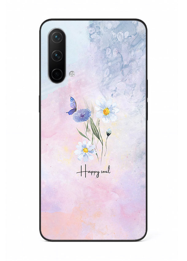 Minimal floral illustration printed on OnePlus Nord CE 5G glass back cover with soft tones.