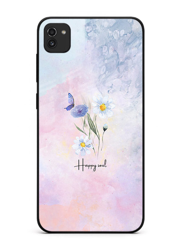 Minimal floral illustration printed on Samsung A03 glass back cover with soft tones.
