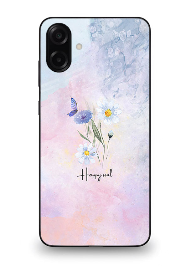 Minimal floral illustration printed on Samsung M13 5G glass back cover with soft tones.