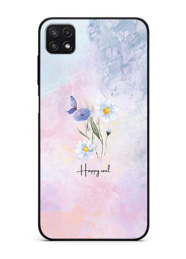Minimal floral illustration printed on Samsung F42 5G glass back cover with soft tones.