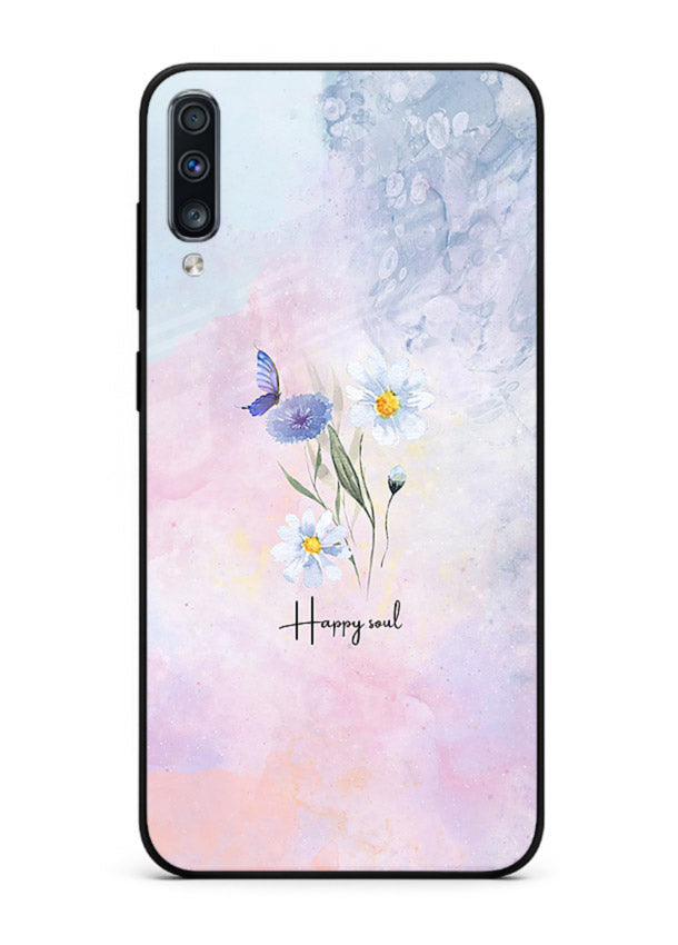 Minimal floral illustration printed on Samsung A70 glass back cover with soft tones.