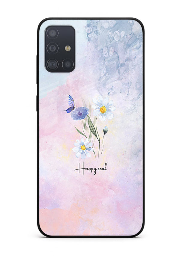 Minimal floral illustration printed on Samsung A51 glass back cover with soft tones.