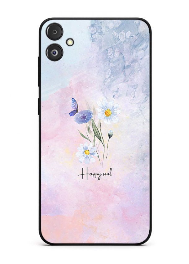 Minimal floral illustration printed on Samsung F14 5G glass back cover with soft tones.