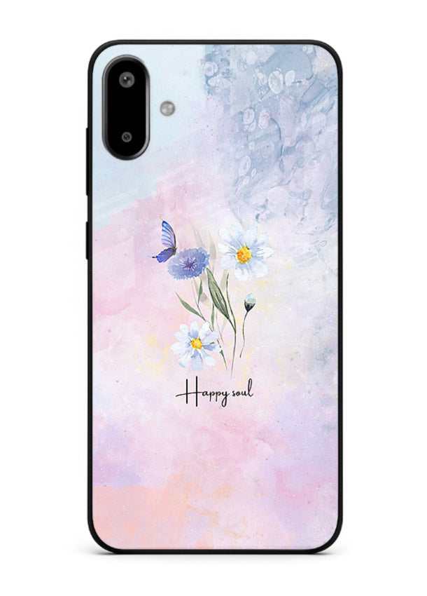 Minimal floral illustration printed on Samsung F06 5G glass back cover with soft tones.