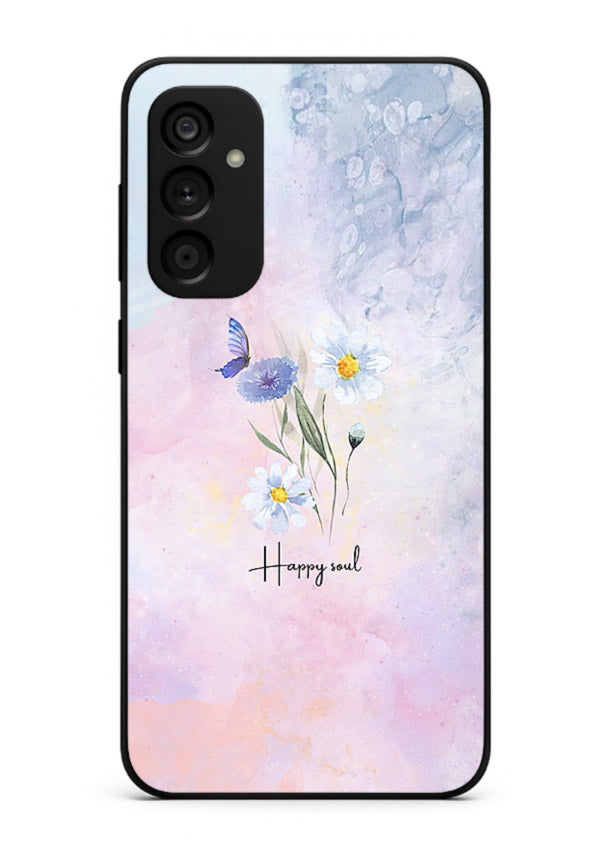 Minimal floral illustration printed on Samsung M14 5G glass back cover with soft tones.