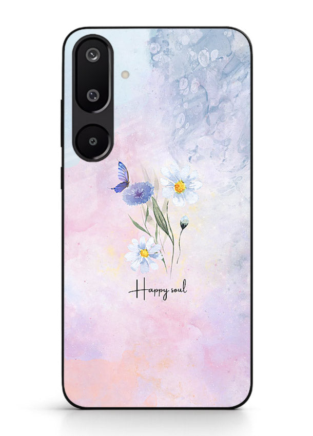 Minimal floral illustration printed on Samsung M16 5G glass back cover with soft tones.