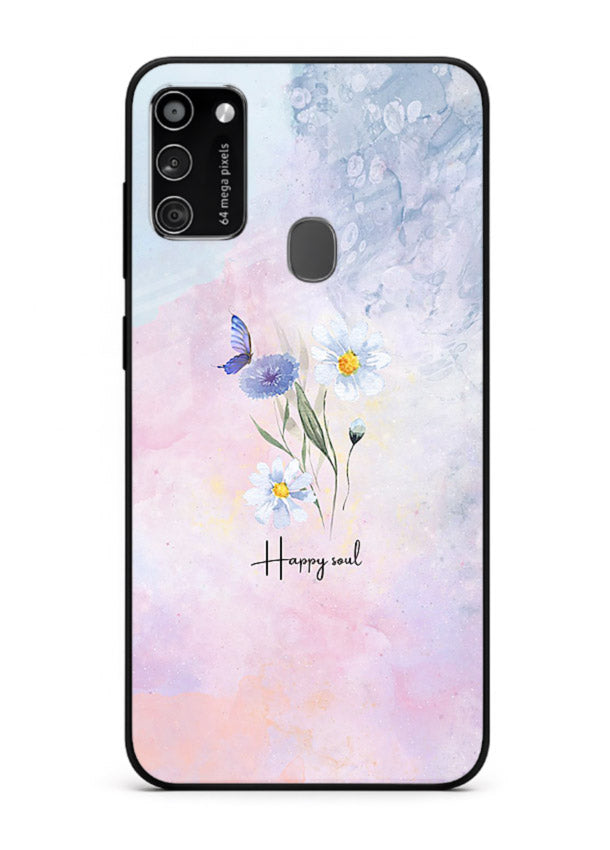 Minimal floral illustration printed on Samsung M21 glass back cover with soft tones.
