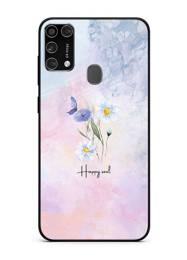Minimal floral illustration printed on Samsung M31 Prime glass back cover with soft tones.