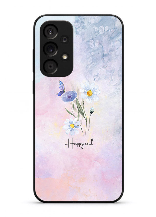 Minimal floral illustration printed on Samsung A73 5G glass back cover with soft tones.