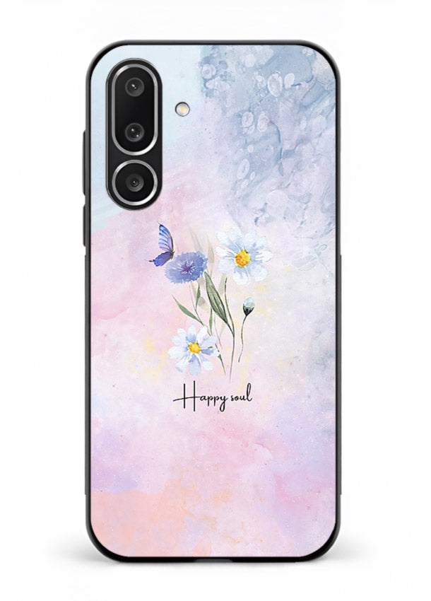 Minimal floral illustration printed on Samsung M56 5G glass back cover with soft tones.