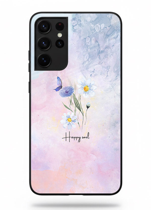 Minimal floral illustration printed on Samsung S21 Ultra glass back cover with soft tones.