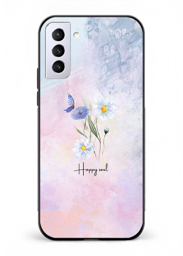 Minimal floral illustration printed on Samsung S21 FE glass back cover with soft tones.