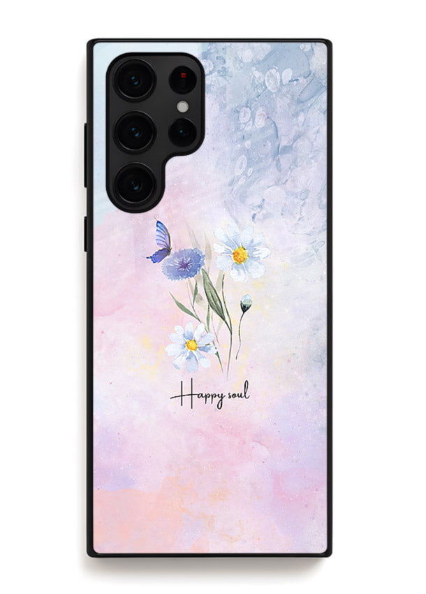 Minimal floral illustration printed on Samsung S22 Ultra glass back cover with soft tones.