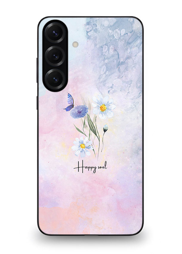Minimal floral illustration printed on Samsung A25 5G glass back cover with soft tones.