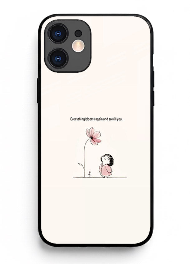 Girl-and-flower illustration printed on iphone 12 glass back cover with warm delicate tones.