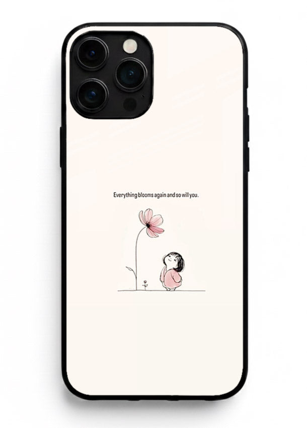 Girl-and-flower illustration printed on iphone 13 pro max glass back cover with warm delicate tones.