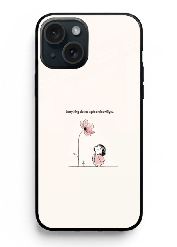 Girl-and-flower illustration printed on iphone 14 glass back cover with warm delicate tones.