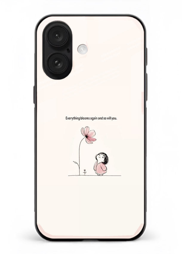 Girl-and-flower illustration printed on iphone 16 glass back cover with warm delicate tones.