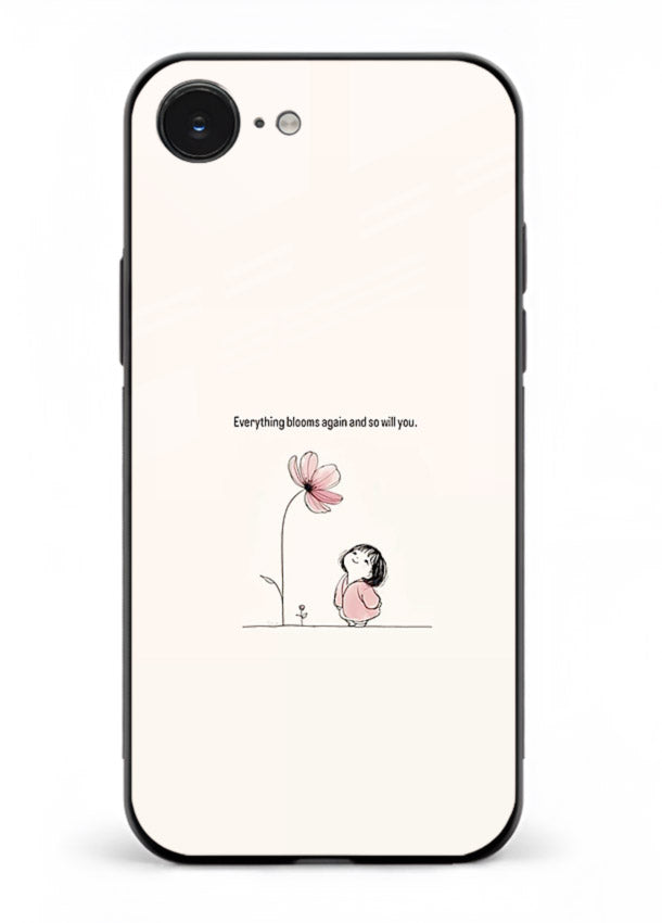Girl-and-flower illustration printed on iphone 16e glass back cover with warm delicate tones.
